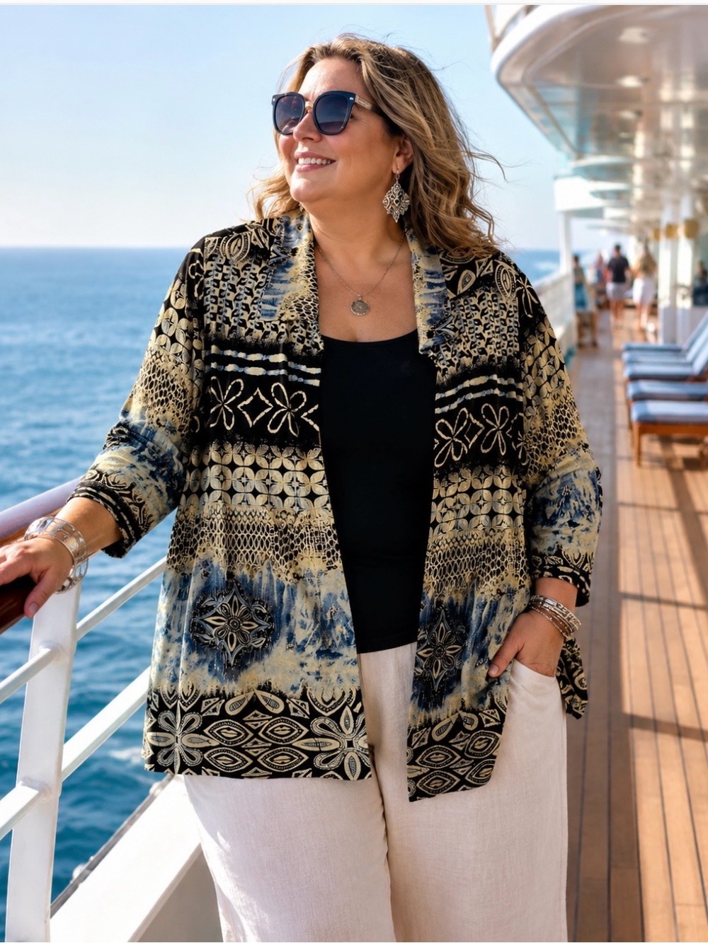 Vikki Vi Open Cardigan Jacket Size 1X Geometric Tiki Print Cruise Vacation Wear